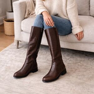 Handmade Italian Leather Croc Embossed Lined Knee High Boots Size US 8–8.5